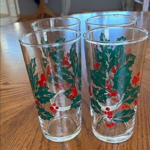 Vintage Indiana Glass Holly Berries Christmas Glass Set of 4